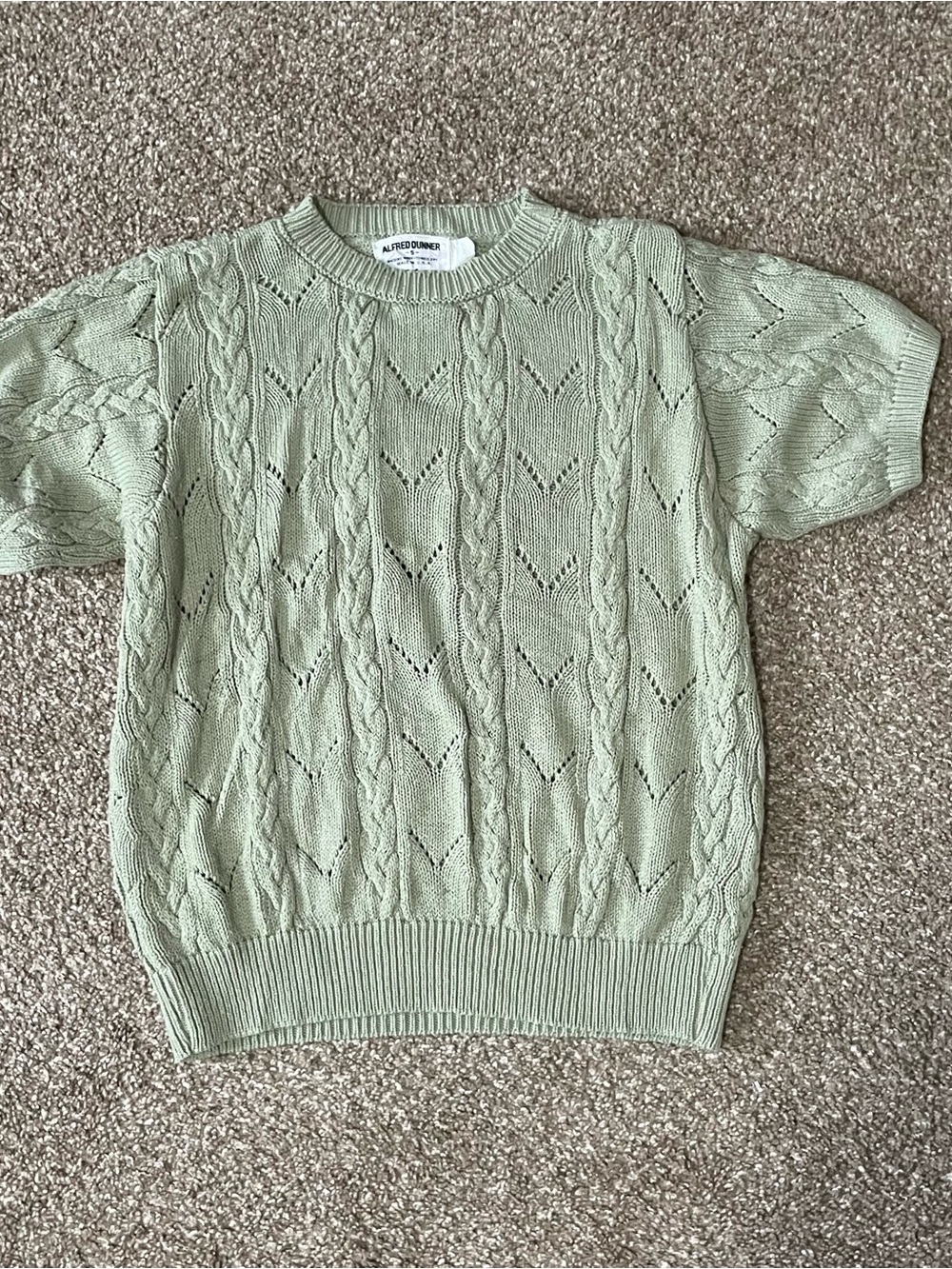 Alfred Dunner Women's Sage Green Cable-Knit Crew Neck Short Sleeve Sweater S